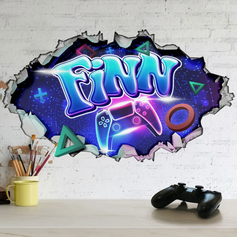 Personalised Large Sized 3D Cracked Wall Effect Gamer Wall Decal/Sticker